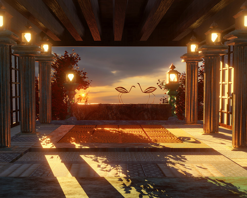 temple of the crane on the world of Enys, showing a peaceful temple room at sunset